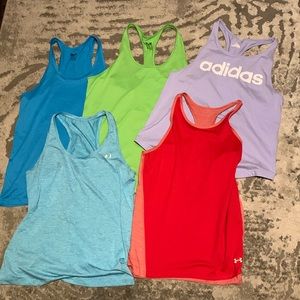 Nike, under armour, and adidas work out tanks. All fit like size large